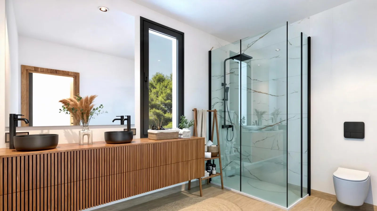 Baño con doble lavabo sobre mueble de madera y ducha de obra con mampara